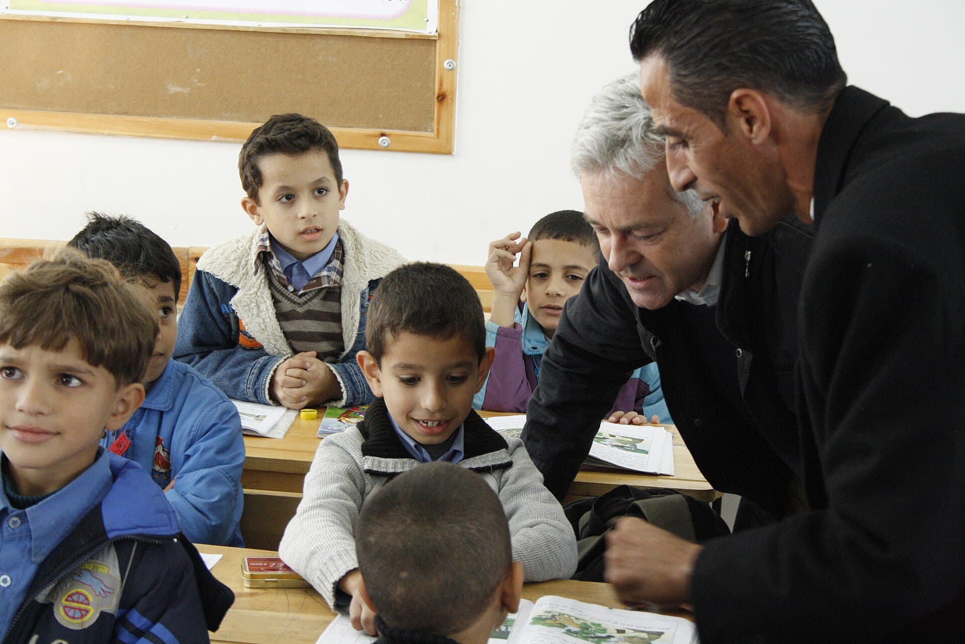 Schoolchildren at their desks in a classroom in Gaza