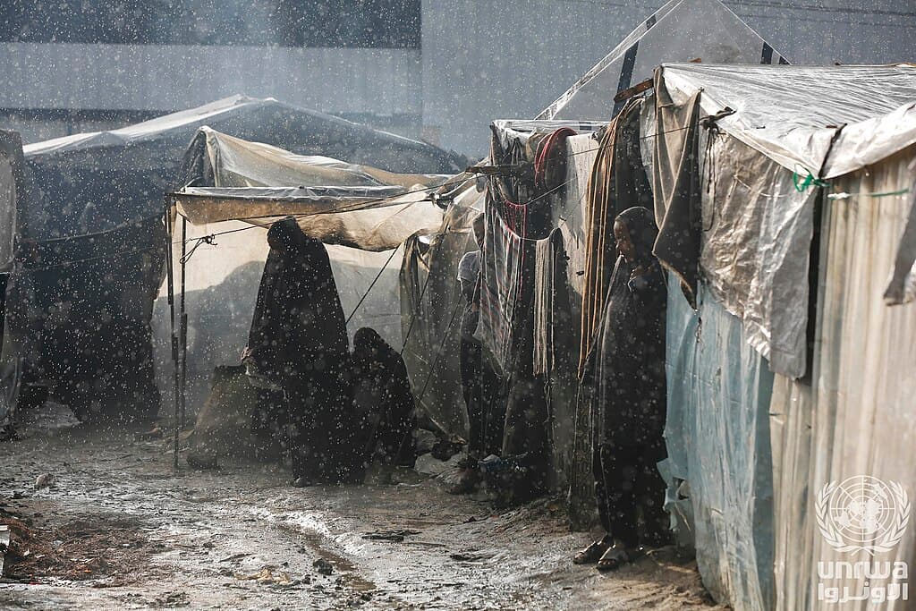 Tents of displaced families flooded by heavy rain in Deir al-Balah, Gaza